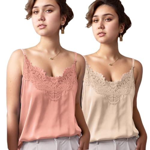 Silk Camisole Tops for Women Satin Cami Adjustable Strap Spaghetti Strap Silk Tank Tops Office Wear V-Neck Satin Lace Trim Cami Business Casual (US, Alpha, Small, Regular, Regular, Apricot+Pink) - Image 1