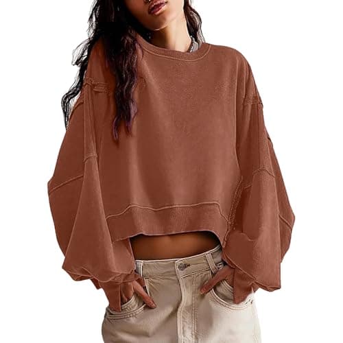 EGUGYDW Womens Crewneck Sweatshirts Cropped Long Sleeve Side Slit Loose Fit Teen Girls 2025 Fall Crop Pullover Tops Caramel M - Image 1