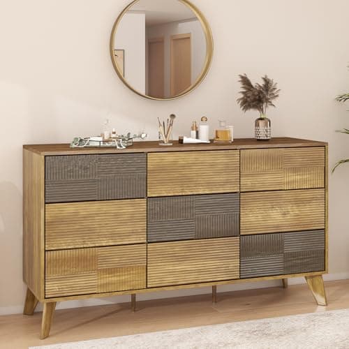 SIDUCAL 9 Drawer Dresser for Bedroom, 55'' W Modern Fluted Dressers TV Stand with Handleless, Wood Tall Dressers Storage Organizer, Wide Chest of Drawers for Bedroom, Dresser for Living Room - Image 1