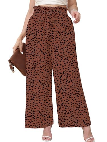 AusLook Women's Plus Size Wide Leg Pants with Pockets Coffee Leopard 4X Lightweight High Waisted Tie Knot Paperbag Dressy Palazzo Loose Paper Bag Comfy Casual Work Flowy Dress Ladies' Trousers - Image 1