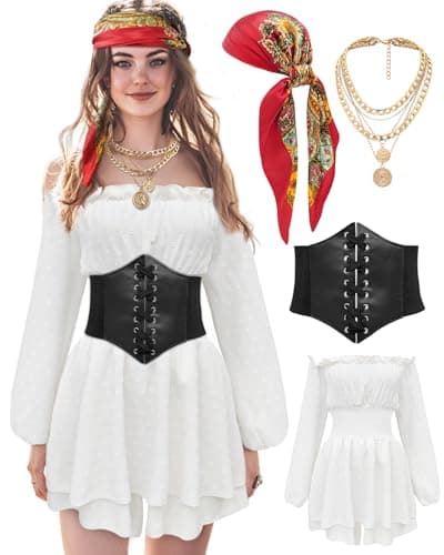 minkasic Women Pirate Costume Dress with Corset Accessories Long Sleeve Romper Short Off Shoulder Dress - Image 1
