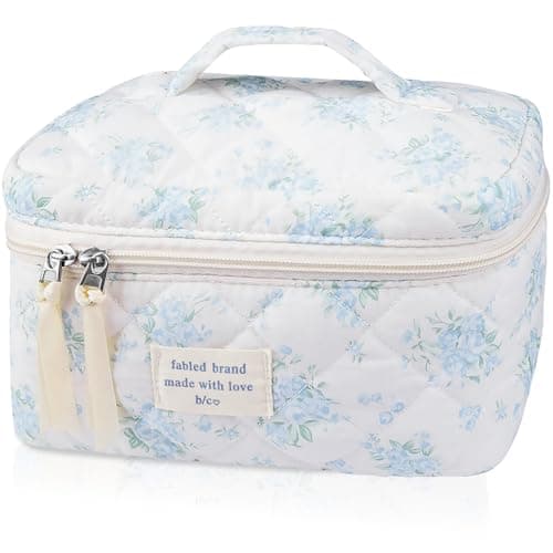 Gosect Large Travel Quilted Makeup Bag for Women,Big Floral Cotton Cosmetic Bag, Cute Coquette Aesthetic Floral Toiletry Organizer Bag (Blue Rose) - Image 1