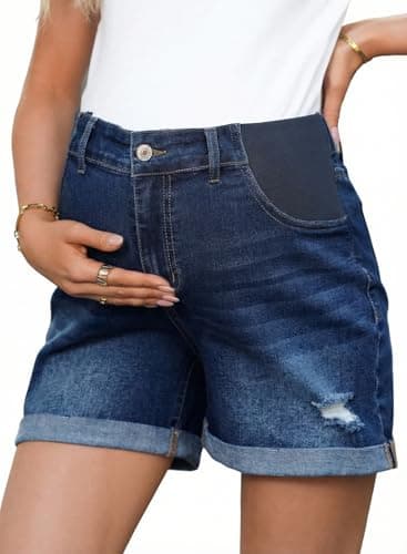 BLENCOT Women's Maternity Jean Shorts Under Belly Maternity Lounge Denim Shorts Pregnancy Fold Hem Comfy Clothes with Elastic Panel Prussian Blue M - Image 1