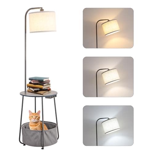 YJSQOEOE Floor Lamp with Cat Bed and Charging Station, Adjustable Lampshade, 3 Color Temperatures, Remote & Rocker Switch Control, Standing Lamp with USB & AC Outlets for Living Room Bedroom, Gray - Image 1