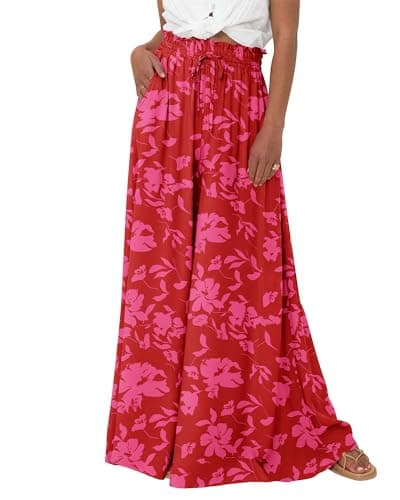 BTFBM Wide Leg Palazzo Pants for Women 2026 Summer Spring Casual High Waisted Flowy Trousers Boho Beach Vacation Outfits(Print Red, Large) - Image 1