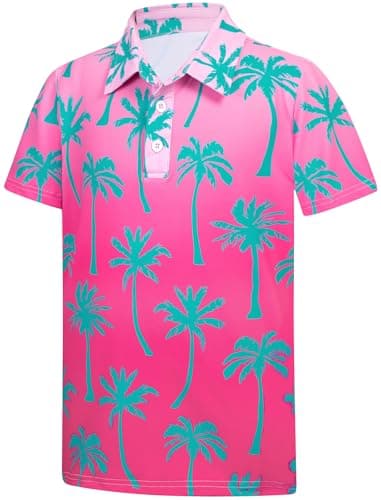 Spring Boys Hawaiian Shirt Golf Polo Shirts Palm Tree Holiday Short Sleeve Collared School Uniform Size 5-6 Years Athletic Dry Fit Tops Neon Pink Gradient Casual Clothes - Image 1