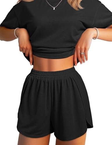 JUSTFASHIONNOW Womens Pajama Sets Summer Lounge Sets Side Split Short Pj Sets Cute Pjs 2 Piece Comfy Sleepwear Loungewear(Black,X-Large) - Image 1