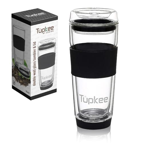 Tupkee Double Wall Glass Tumbler - 14-Ounce, All Glass Reusable Insulated Tea/Coffee Mug & Lid, Hand Blown Travel Mug - Black - Image 1