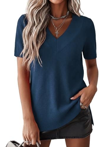 Jouica Womens V Neck Sweater Oversized Ribbed Knit Short Sleeve Casual Loose Fit Pullover Sweaters,X-Large,Navy - Image 1