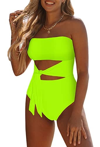 Viottiset Women's Bandeau One Piece Swimsuit Strapless Tie High Cut Out Bathing Suit Neon Green L - Image 1