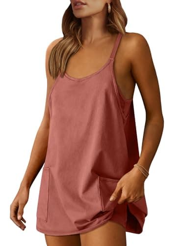 Caracilia Womens Summer Athletic Mini Dress Casual Sleeveless Built in Shapewear Romper Short Sundress Tennis Workout Outfits Deep Rust Small - Image 1