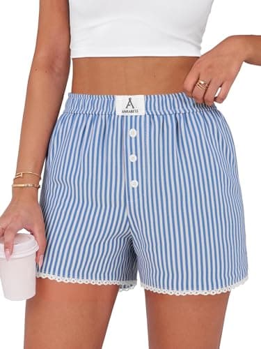 ANRABESS Boxer Shorts for Women 2026 Summer Pajama Gingham Pj Shorts Casual Lounge Sleep Plaid Y2K Beach Bottoms Outfits Blue White Stripe Large - Image 1