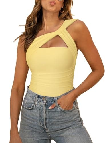 REORIA Womens Sexy One Shoulder Asymmetrical Tank Top Leopard Print Mesh Ruched Sleeveless Backless Trendy Going Out Thong Bodysuits Tops Pastel Yellow Medium - Image 1