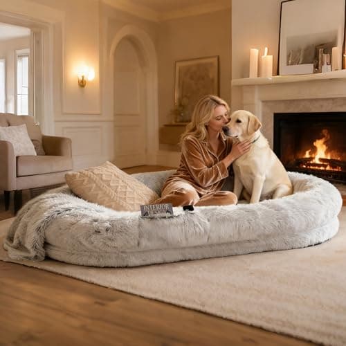 Human Dog Bed - 71''x45''x12'' Size Fits Adult and Pet Washable Giant People DogBed 10 CM Thick Memory Foam Large Oversize Dog Bed with Plump Pillow, Blanket, Strap - Grey
