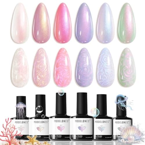 modelones Pearl Gel Nail Polish Set, 6 Colors 2026 Spring Aurora Iridescent Shimmer White Pink Purple Mermaid Nail Drawing Glitter Gel Polish LED Swirl Shell Thread Effect with Dotting Pen DIY Gift - Image 1