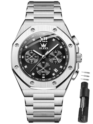 OLEVS Men's Watch Silver Stainless Steel with Black Dial Casual Watch for Men Quartz Analog 3ATM Waterproof Business Professional Style for Office Work Daily Commute 42mm Diameter Case Easy to Read. - Image 1