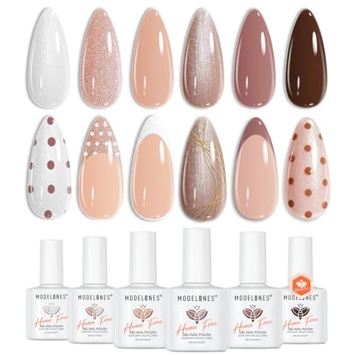 modelones Nude Hema Free Gel Nail Polish Set, 6 Colors Nude White Neutral Brown Skin Tone Beige Khaki Glitter Gel Polish Kit 2026 Spring Gel Nail Kit Polka Dot Nails Soak Off French Nail Art Manicure - Image 1