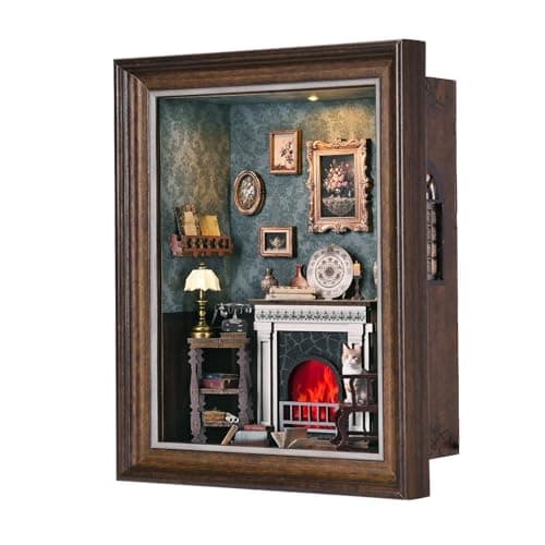 Book Nook Kit - 3D Wooden Puzzle with LED Switch Control & Wall-Mountable Frame,DIY Miniature House for Beginners,Bookshelf/Tabletop/Wall Decor for Craft Lovers,Dollhouse Gift,Fireplace - Image 1