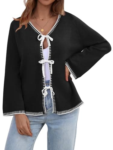 JUYUEO Tie Front Bow Cardigan for Women Trendy Long Sleeve Knit Open Front Sweater Casual Fall Winter Clothes 2026 Black XL - Image 1