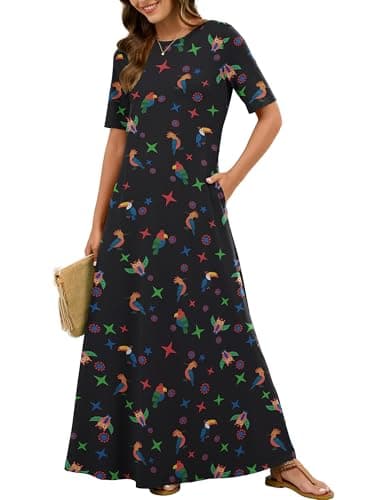 KORSIS Women's Short Sleeve Maxi Dress Casual Fall Winter Long T-Shirt Floral L Dresses Loose Fit Layering Sundress with Pockets - Image 1