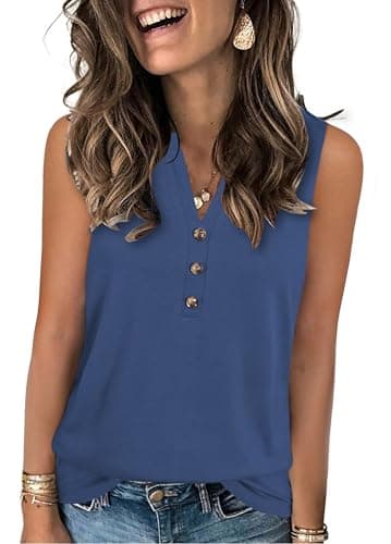XMTOPYE Summer Tank Tops for Women Dressy Casual Sleeveless Shirts V Neck with Button Trendy Soft Tees Navy