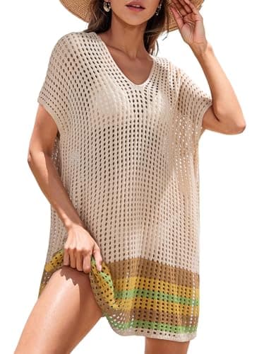 Dokotoo Women Swimwear Beach Bikini Swimsuits Resort Wear Sexy Cover-ups Crochet Pool Cruise Outfits Striped Side Split Summer Dress Resort Wear,Apricot Small - Image 1