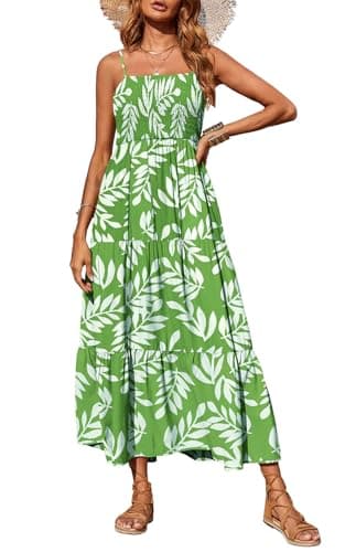 PRETTYGARDEN Summer Dresses for Women 2026 Spaghetti Strap Floral Maxi Dress Sleeveless Smocked Tiered Long Beach Sundress (Green White Flower,L) - Image 1