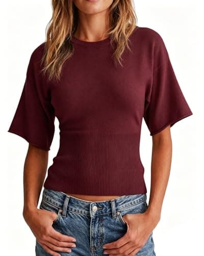 Jenisso Womens Short Sleeve Crew Neck Cinched Waist Fitted Ribbed Knit Sweater Top (Wine M) - Image 1