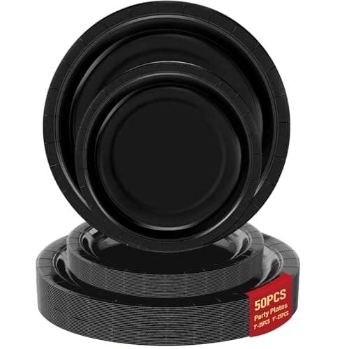 50 Black Paper Plates for Party Set Includes 25-9" & 25-7" Thickened Disposable Plates, Birthday Cake Dessert Plates for Party Supplies & Decoration, Ideal for Birthday, Graduation, Retirement - Image 1