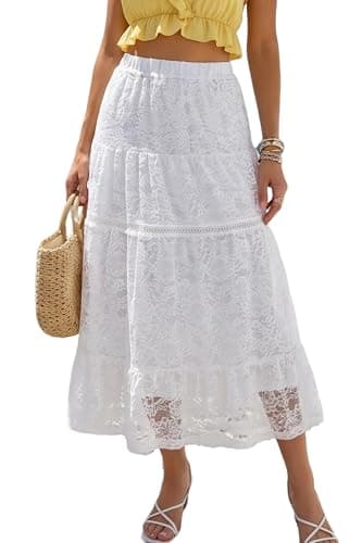 Ystguic Women's Casual Summer Spring Boho Lightweight Midi Skirt Ladies Lace Embroidery Ruffle High Empire Waist Elasticated A Line Flowy Beach Skirts X-Large White YG086 XL - Image 1