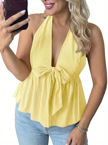 Tankaneo Womens Striped V Neck Halter Tops Babydoll Summer Bow Tie Front Backless Shirts Peplum Y2k Going Out Tank Tops Yellow - Image 1