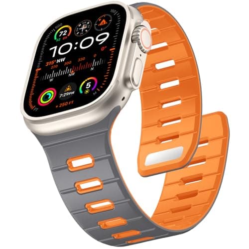 Odbeai Magnetic Sport Band Compatible with Apple Watch Ultra 3 2/Ultra Band for Men 49mm 46mm 45mm 44mm 42mm,Strong Magnet Outdoors Soft Silicone Strap for iWatch All Series 11 10 9-1 SE Gray/Orange