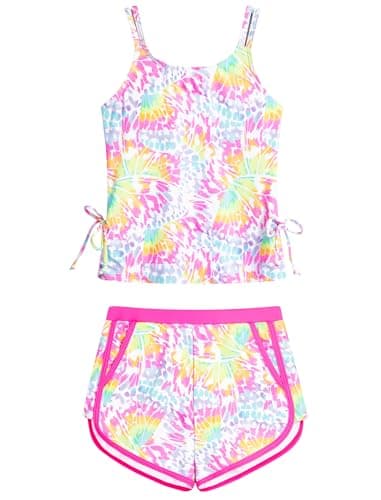 Girls Tankini Swimsuit Size 6 Two Piece Bathing Suits with Pockets Swim Shorts Kids Modest Adjustable Twist Straps Swimwear Set 5t Tie Dye - Image 1