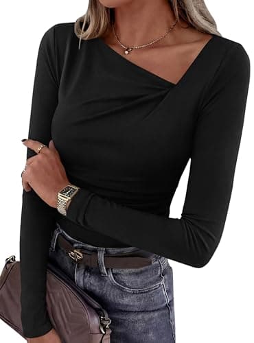 PRETTYGARDEN Women's 2026 Long Sleeve T Shirts Asymmetrical Y2K Slim Fitted Going Out Trendy Tops Early Fall Fashion Clothing (Black,X-Large) - Image 1