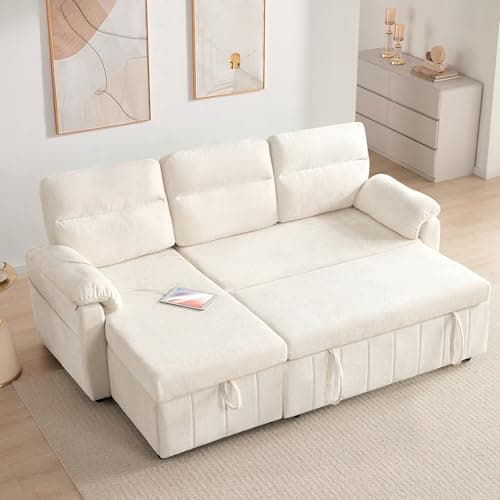 Tbfit 84'' Sleeper Sofa Bed, 3 in 1 Cloud Pull Out Sofa Couch with USB & Storage Chaise, Convertible Sofa Bed with Pull Out Bed, Couches for Living Room, Apartment, Office, White Sherpa - Image 1