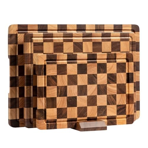 FYCTIO Checkered Cutting Boards for Kitchen, Wooden Cutting Board Set, Acacia Chopping Board with Juice Grooves & Handles, Butcher Block Serving Tray for Meat, Vegetables and Fruits, 3pcs