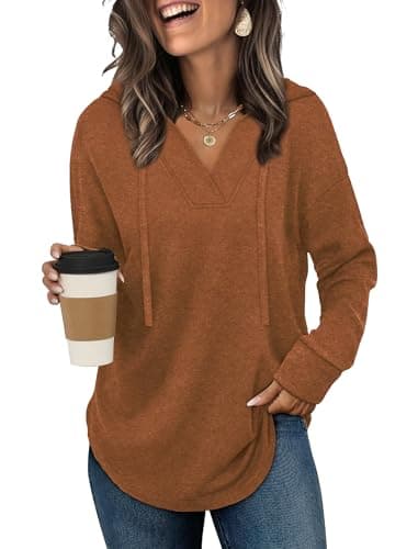 Sampeel Womens Tops Fall Fashion Outfit Thanksgiving Shirts V-Neck Hoodies Tunic Sweatshirts for Leggings Caramel M - Image 1