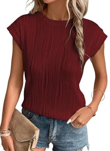 EVALESS Womens Spring Summer Crewneck Dressy Casual Textured Tops Blouses 2026 Fashion Trendy Cute Solid Work Business Short Sleeve T Shirts Burgundy XX-Large - Image 1