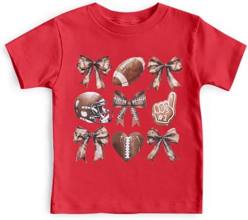 Football T-Shirts for Girls Game Day Short Sleeve Shirt Toddler Football Season Kids Bow Coquette Tops Red - Image 1