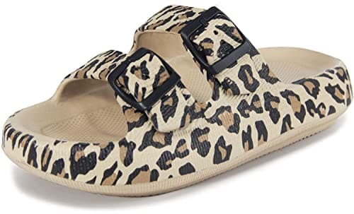 Weweya Athletic Outdoor Slides Sandals for Women and Men Slip On Wide Width Eva Rubber Flat Foam Cozy Slides Thick Sole Comfort Walking Sandals Leopard Women Size 5.5 6 6.5 - Image 1