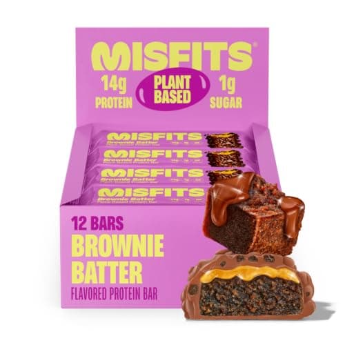 Misfits Vegan Protein Bars - Fudgey Brownie Batter| Nutrition Bars - 14g Protein, 1g Sugar, Plant-based, Low Carb, Non-GMO, Gluten Free Snacks | Pack of 12 - Image 1