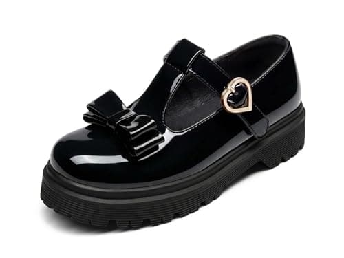 Coutgo Girls Mary Jane Dress Shoes Chunky Platform Loafers School Uniform Closed Toe T Strap Flats with Bow, Black, 2 Big Kid - Image 1