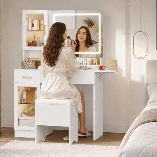 YBXGO White Vanity Desk with Mirror and Lights, Makeup Desk with Hair Dryer Rack, Charging Station, Adjustable Shelves, Wood Dressing Table for Bedroom (052White with Bench, 44.5 * 15.75 * 55.1in) - Image 1