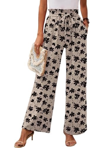 Heymoments Women's Wide Leg Lounge Pants with Pockets Floral Print Medium Lightweight High Waisted Adjustable Tie Knot Loose Comfy Casual Trousers - Image 1