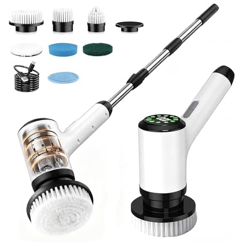 Electric Spin Scrubber, Cordless Bathroom Scrubber with 7 Brush Heads, Adjustable Long Handle Shower Scrubber for Tile Grout, Kitchen Sink, Tub, Floor, Car Wheel, White-te1 - Image 1