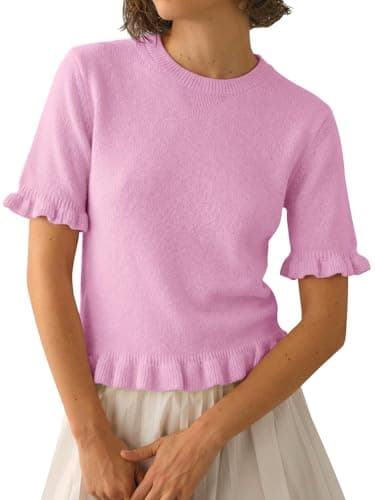 Tankaneo Womens Summer Short Sleeve Cropped Sweaters Spring Lightweight Knit Peplum Tops Dressy Casual Fashion Sweater Pink - Image 1