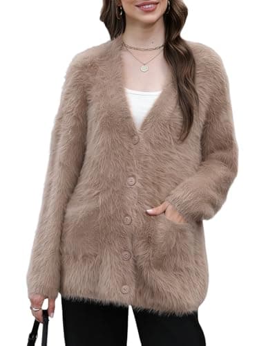 Wyeysyt Women's Fuzzy Cardigan Sweater V Neck Long Sleeve Button Down Knit Furry Sweaters with Pockets(Khaki-M) - Image 1