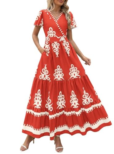 PRETTYGARDEN Womens 2026 Summer Casual V Neck Boho Maxi Dress Flowy Aline Bell Sleeve Tiered Floral Dresses with Pocket (Floral Brick Red White,Medium) - Image 1