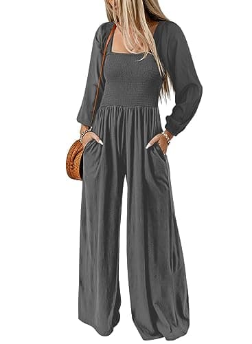 Dokotoo Womens Casual Loose Overalls One Piece Long Sleeve Jumpsuits for Women Stretchy Wide Leg Long Pant Rompers Jumpsuit with Pockets Small Gray - Image 1