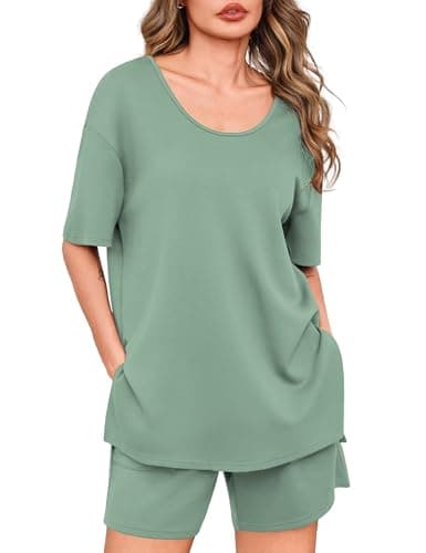 Totatuit Women's Casual 2 Piece Short Sets Oversized Slit Hem T-Shirt and High Waisted Shorts Pajama Set Soft Loungewear for Vacation Sage Green Small - Image 1